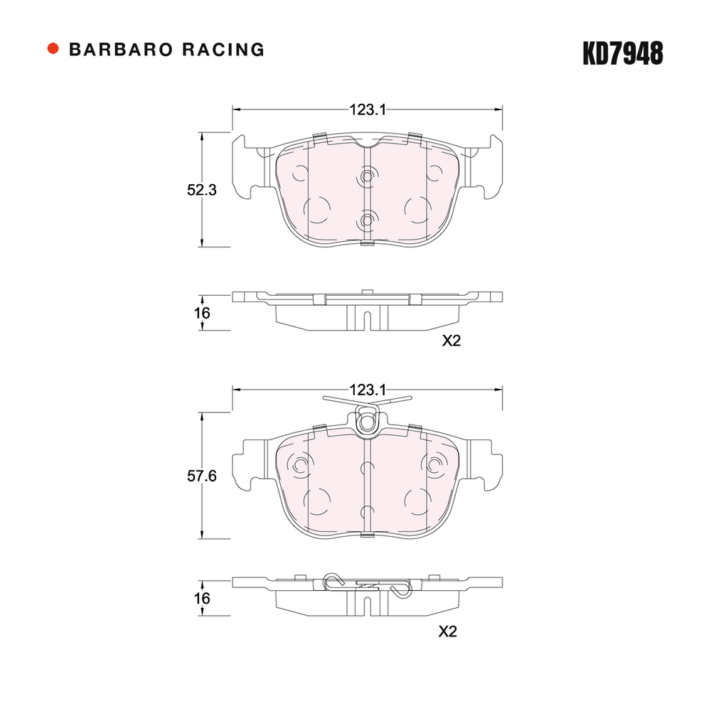Barbaro Racing KD7948 brake pad shape drawing - 123.1 x 57.6 x 16 mm
