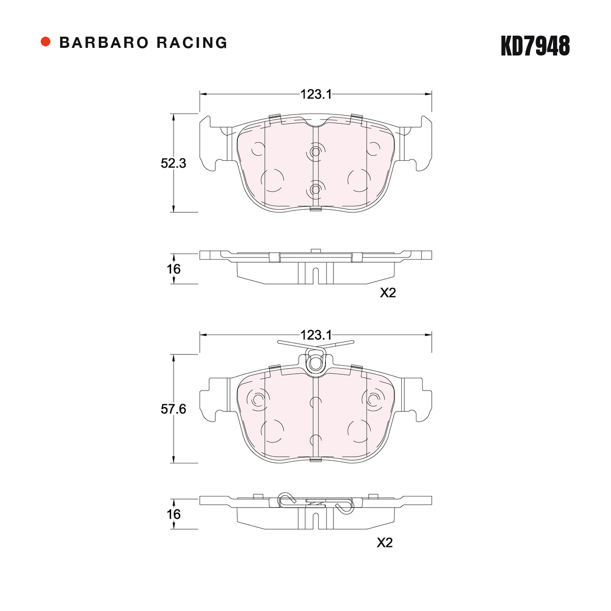 Barbaro Racing KD7948 brake pad shape drawing - 123.1 x 57.6 x 16 mm