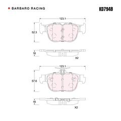 Barbaro Racing KD7948 brake pad shape drawing - 123.1 x 57.6 x 16 mm