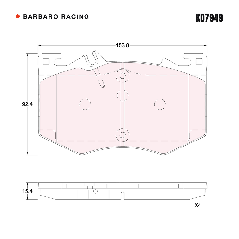Barbaro Racing KD7949 brake pad shape drawing - 153.8 x 92.4 x 15.4 mm