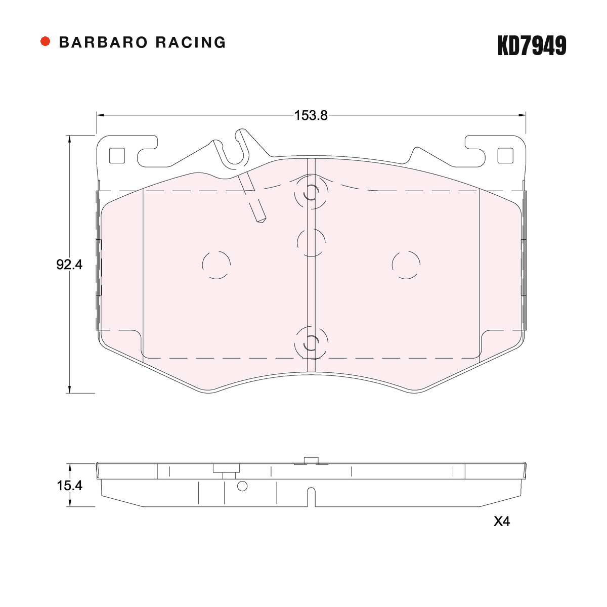Barbaro Racing KD7949 brake pad shape drawing - 153.8 x 92.4 x 15.4 mm