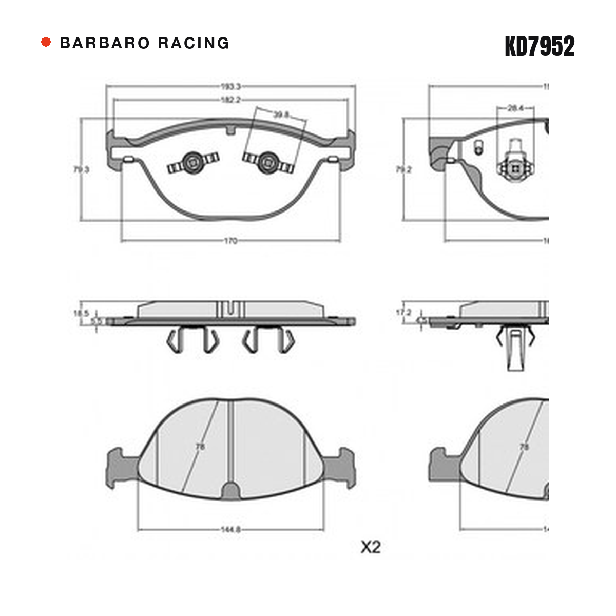 Barbaro Racing KD7952 brake pad shape drawing - 193.3 x 79.3 x 18.5 mm