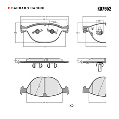 Barbaro Racing KD7952 brake pad shape drawing - 193.3 x 79.3 x 18.5 mm