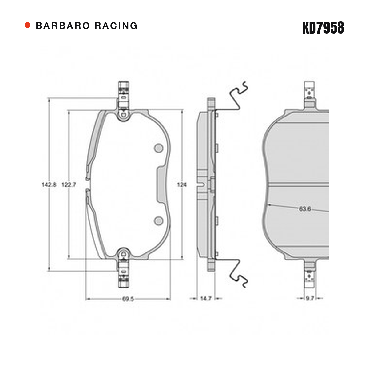 Barbaro Racing KD7958 brake pad shape drawing - 142.8 x 69.5 x 14.7 mm