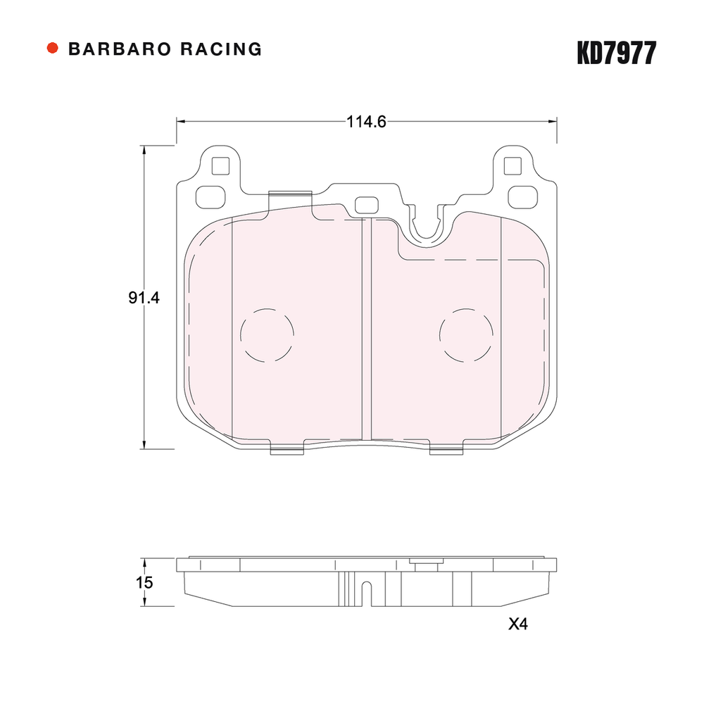 Barbaro Racing KD7977 brake pad shape drawing - 114.6 x 91.4 x 15 mm