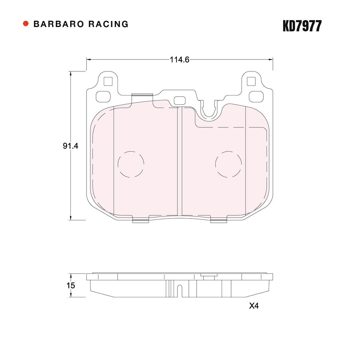 Barbaro Racing KD7977 brake pad shape drawing - 114.6 x 91.4 x 15 mm