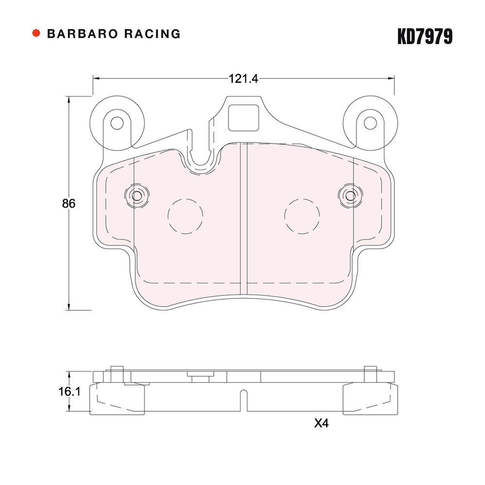 Barbaro Racing KD7979 brake pad shape drawing - 121.4 x 86 x 16.1 mm