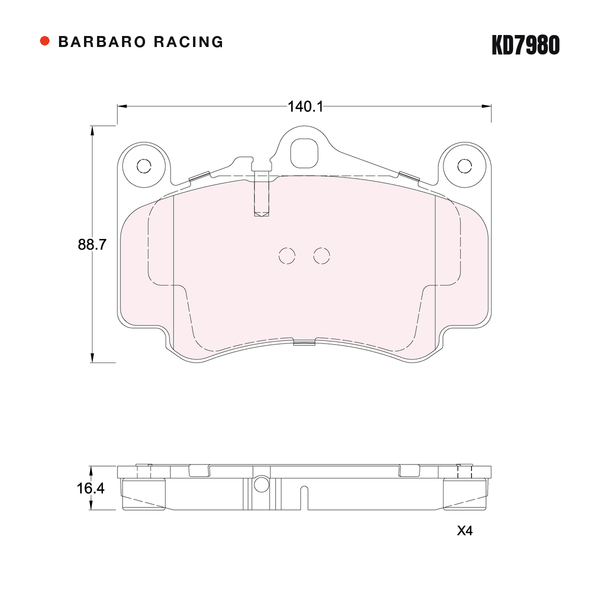 Barbaro Racing KD7980 brake pad shape drawing - 140.1 x 88.7 x 16.4 mm