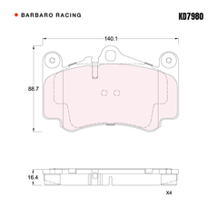 Barbaro Racing KD7980 brake pad shape drawing - 140.1 x 88.7 x 16.4 mm