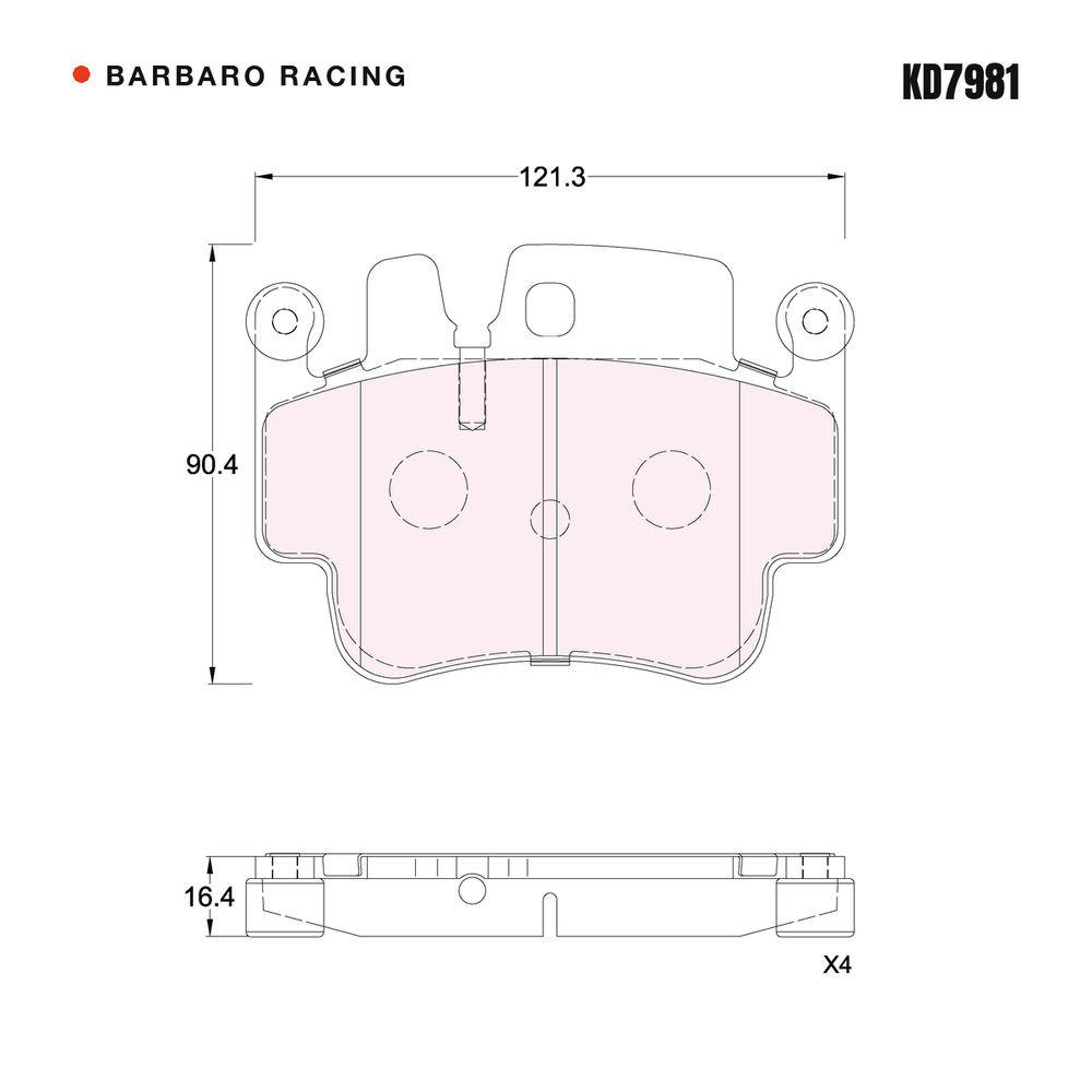 Barbaro Racing KD7981 brake pad shape drawing - 121.3 x 90.4 x 16.4 mm