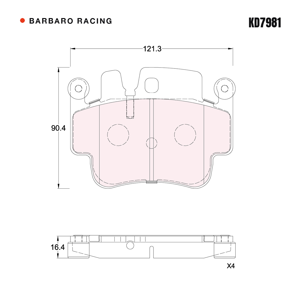 Barbaro Racing KD7981 brake pad shape drawing - 121.3 x 90.4 x 16.4 mm