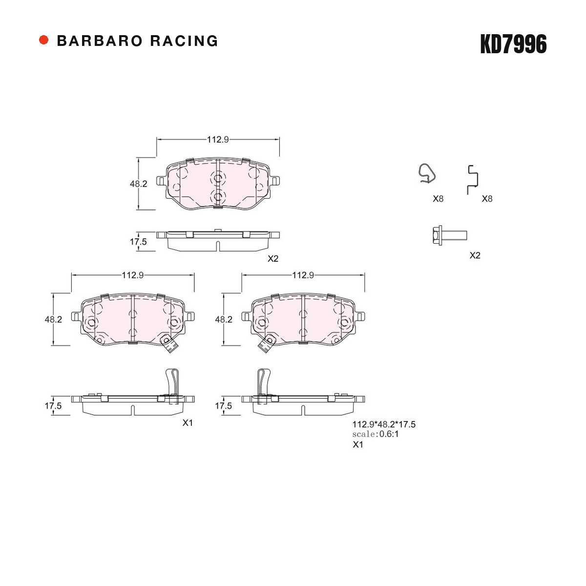 Barbaro Racing KD7996 brake pad shape drawing - 112.9 x 48.2 x 17.5 mm