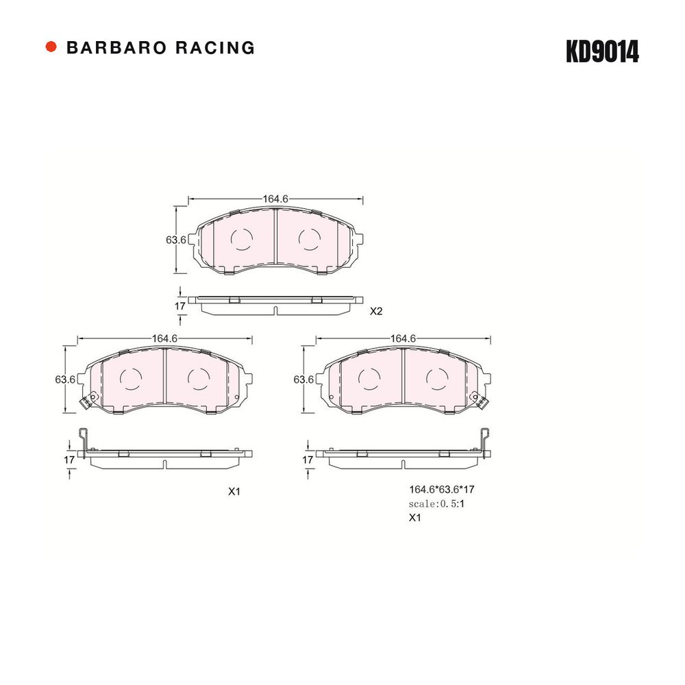 Barbaro Racing KD9014 brake pad shape drawing - 164.6 x 63.6 x 17 mm