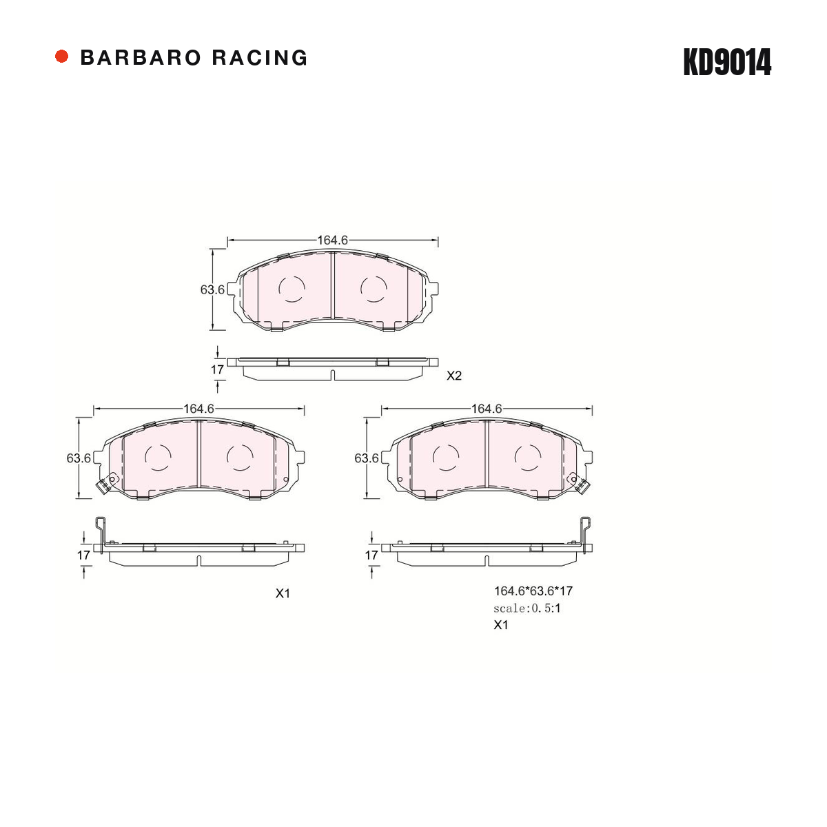 Barbaro Racing KD9014 brake pad shape drawing - 164.6 x 63.6 x 17 mm