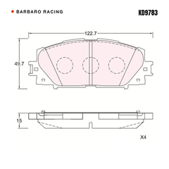 Barbaro Racing KD9783 brake pad shape drawing - 122.7 x 49.7 x 15 mm