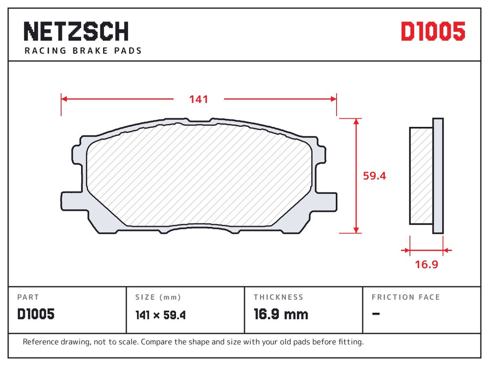 NETZSCH D1005 brake pad drawing, 16.9 mm thick