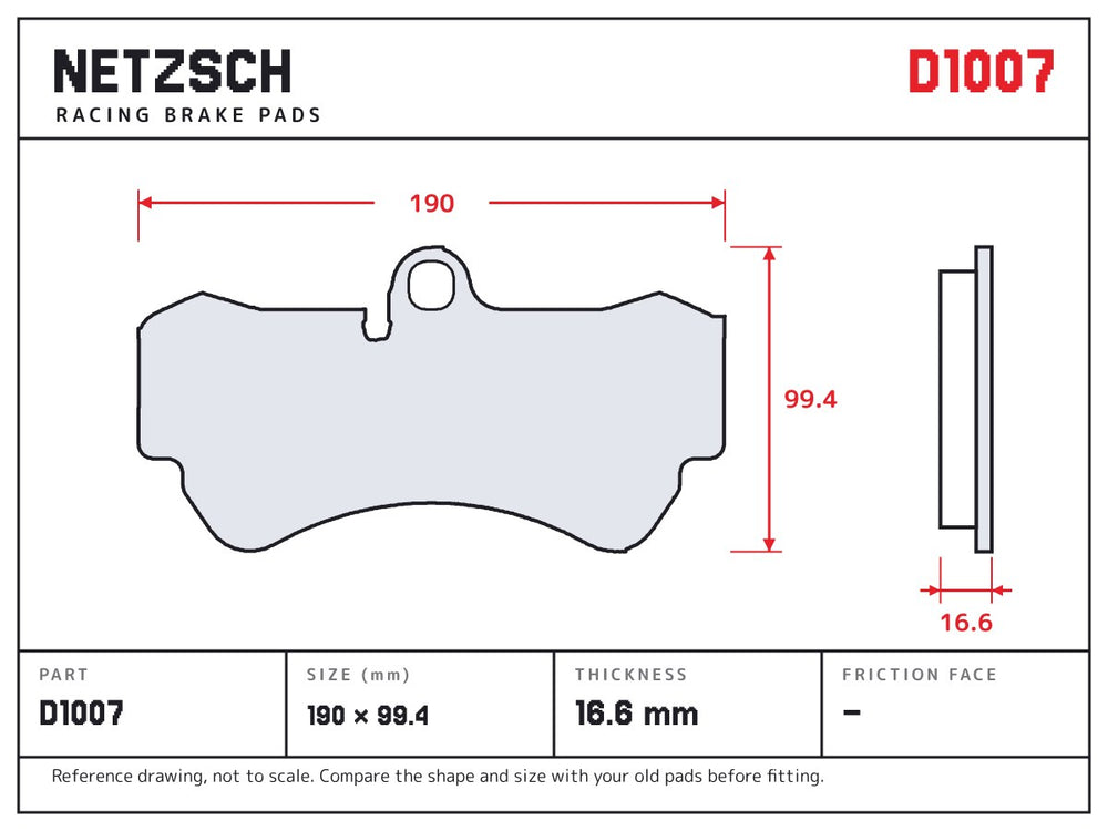 NETZSCH D1007 brake pad drawing, 16.6 mm thick