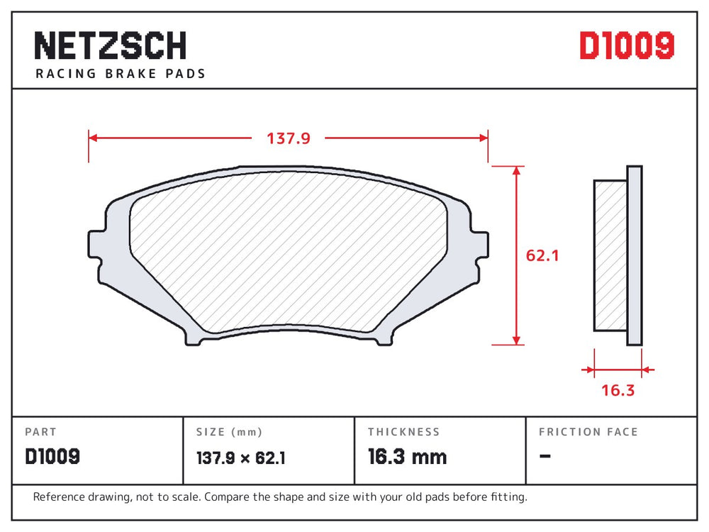 NETZSCH D1009 brake pad drawing, 16.3 mm thick