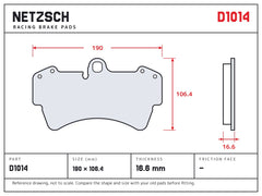 NETZSCH D1014 brake pad drawing, 16.6 mm thick
