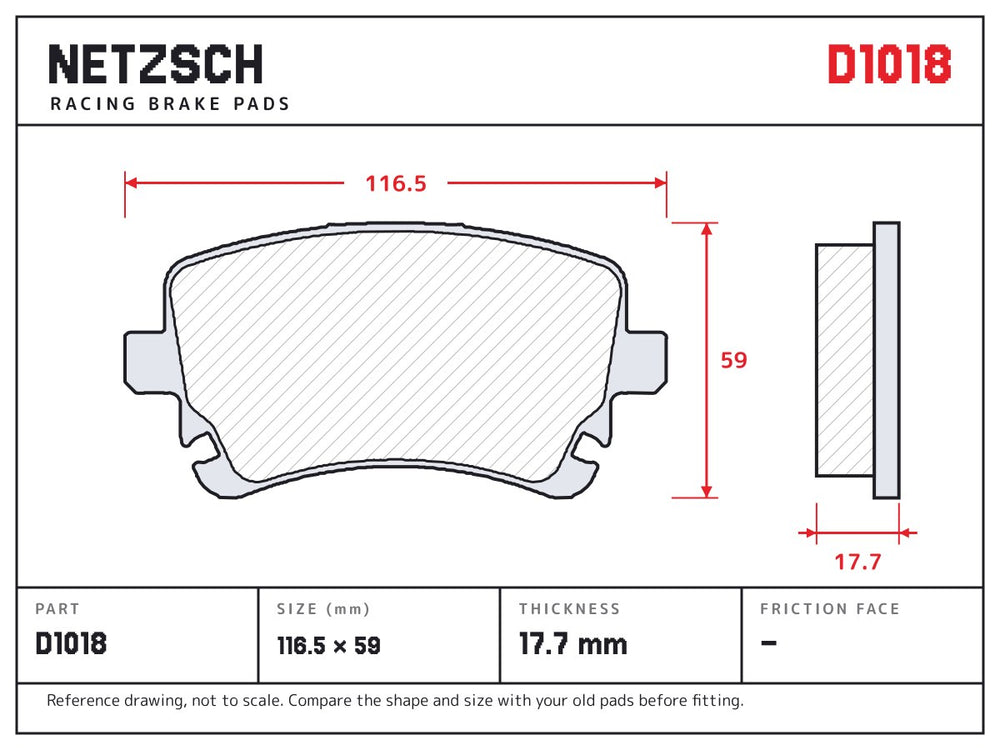 NETZSCH D1018 brake pad drawing, 17.7 mm thick