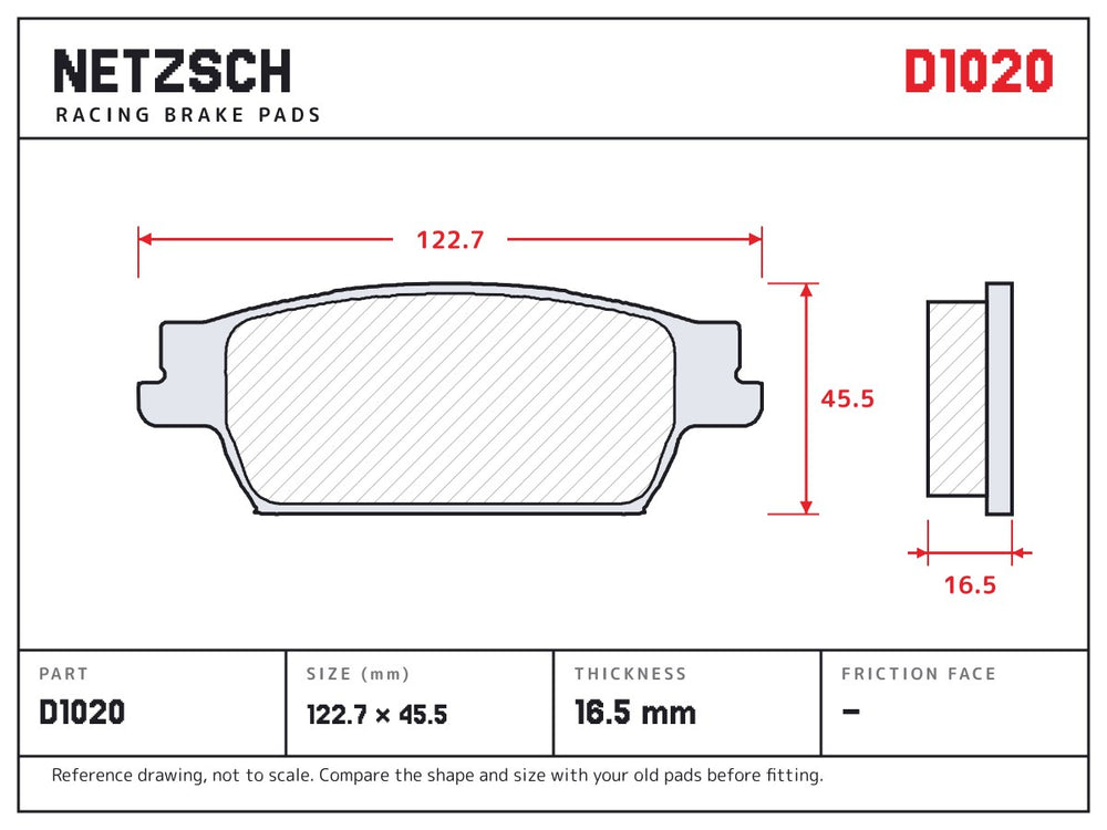 NETZSCH D1020 brake pad drawing, 16.5 mm thick