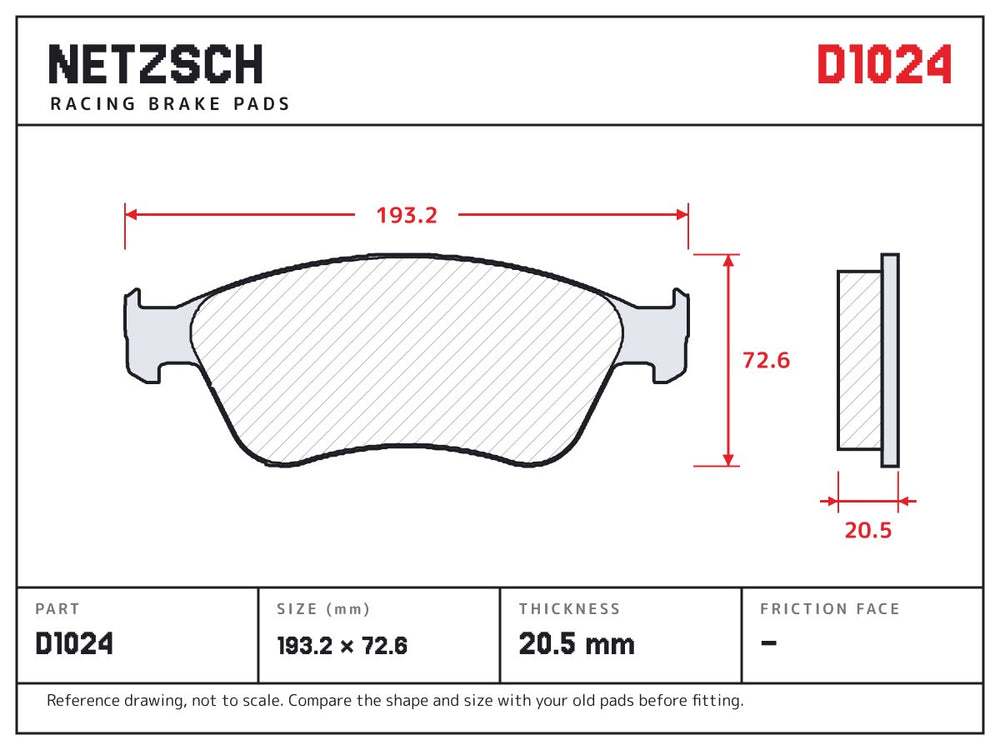 NETZSCH D1024 brake pad drawing, 20.5 mm thick