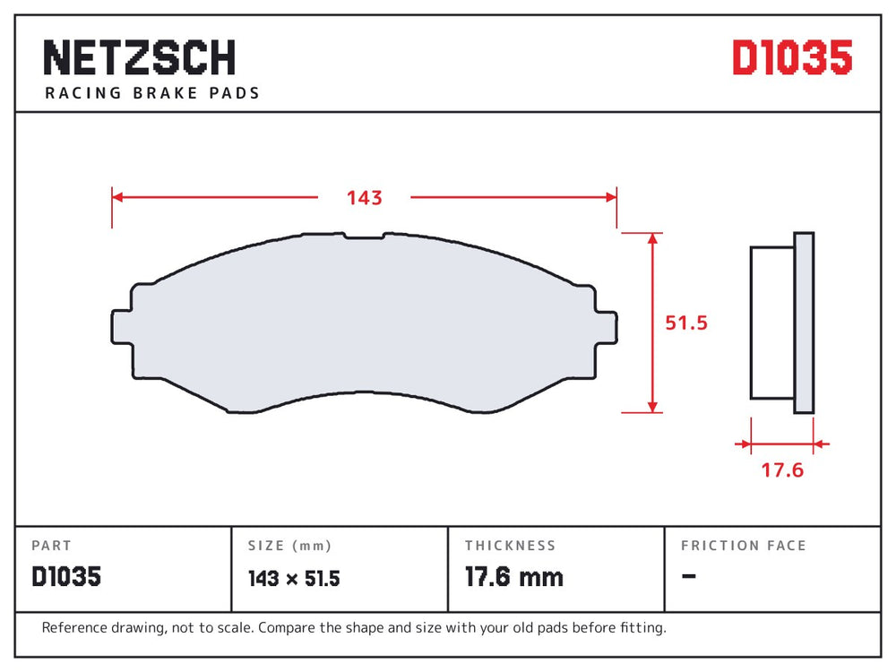 NETZSCH D1035 brake pad drawing, 17.6 mm thick