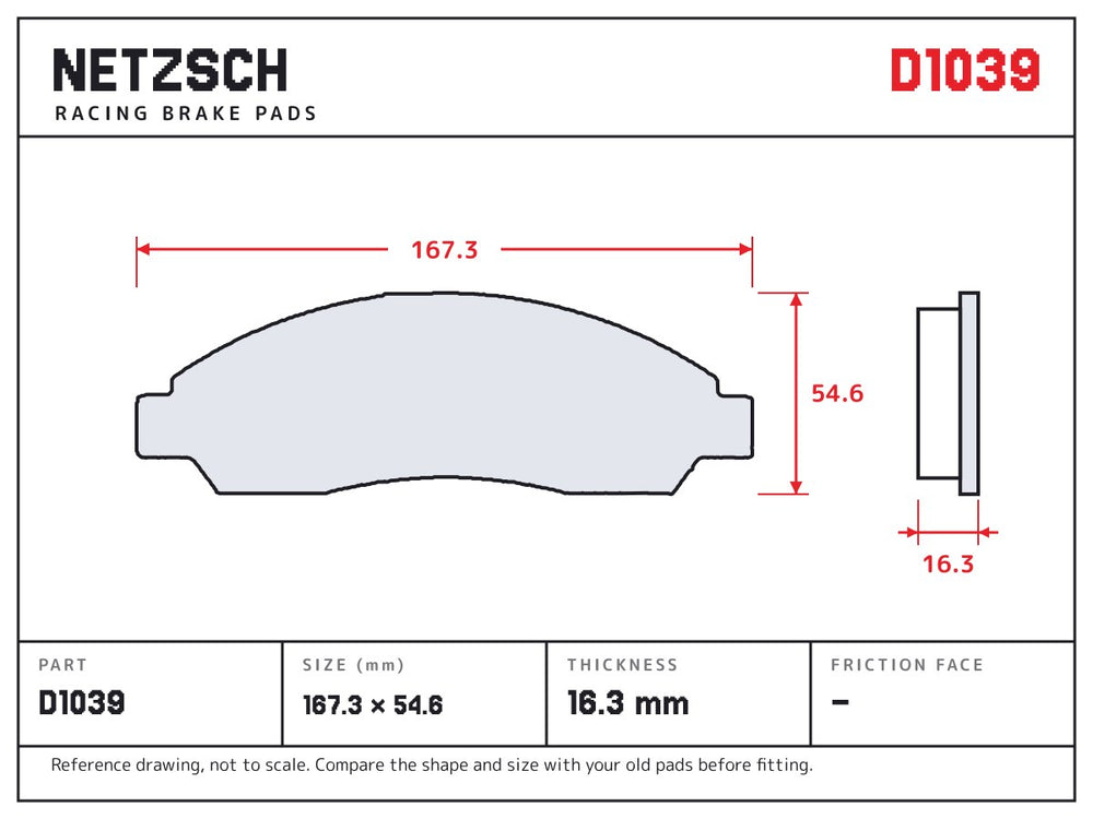 NETZSCH D1039 brake pad drawing, 16.3 mm thick