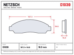 NETZSCH D1039 brake pad drawing, 16.3 mm thick