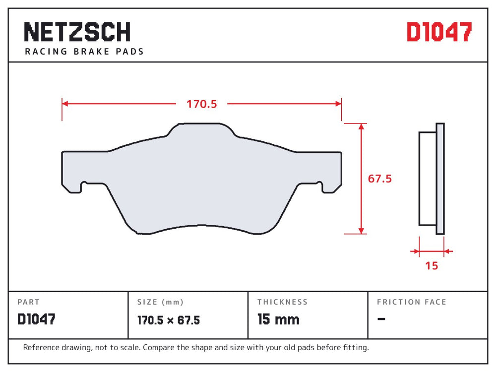 NETZSCH D1047 brake pad drawing, 15 mm thick