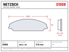 NETZSCH D1058 brake pad drawing, 17.8 mm thick