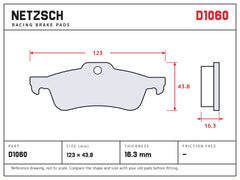 NETZSCH D1060 brake pad drawing, 16.3 mm thick