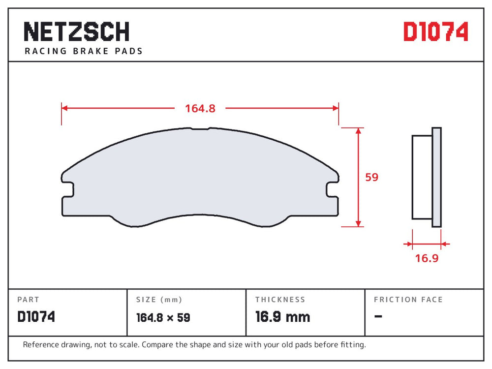 NETZSCH D1074 brake pad drawing, 16.9 mm thick