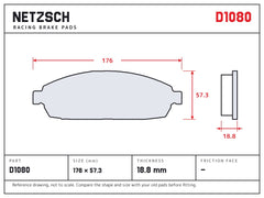 NETZSCH D1080 brake pad drawing, 18.8 mm thick