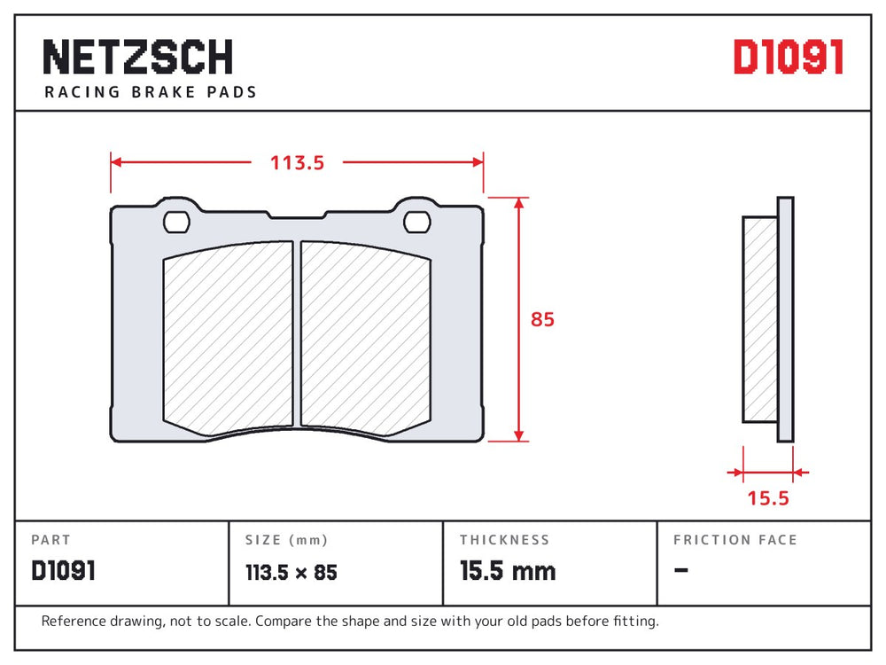 NETZSCH D1091 brake pad drawing, 15.5 mm thick