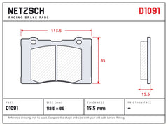 NETZSCH D1091 brake pad drawing, 15.5 mm thick