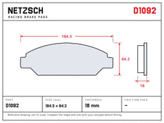 NETZSCH D1092 brake pad drawing, 18 mm thick