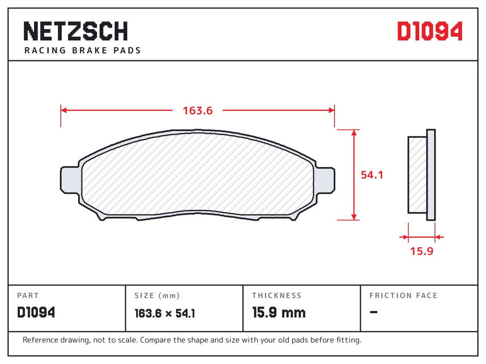 NETZSCH D1094 brake pad drawing, 15.9 mm thick
