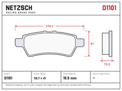 NETZSCH D1101 brake pad drawing, 15.5 mm thick