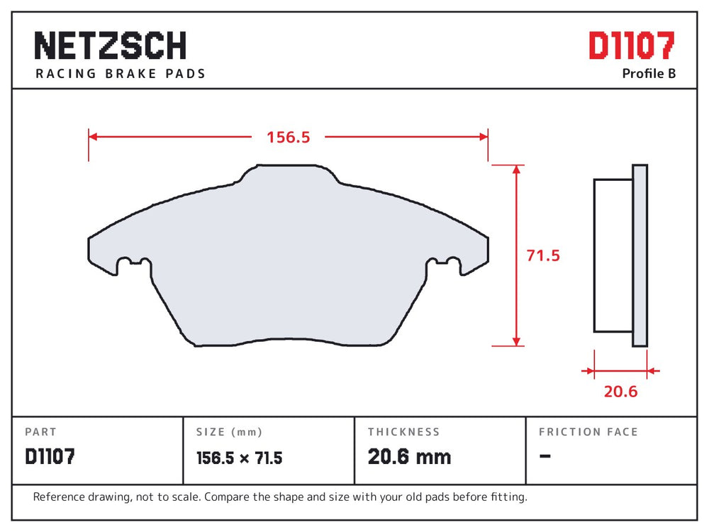 NETZSCH D1107 brake pad drawing, 20.6 mm thick