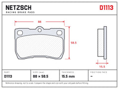 NETZSCH D1113 brake pad drawing, 15.5 mm thick
