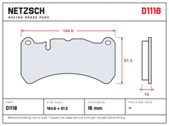 NETZSCH D1116 brake pad drawing, 16 mm thick