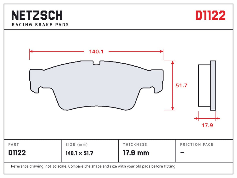 NETZSCH D1122 brake pad drawing, 17.9 mm thick
