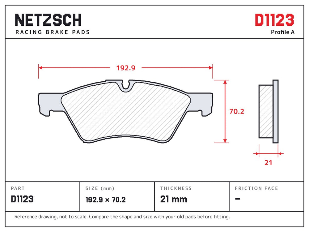 NETZSCH D1123 brake pad drawing, 21 mm thick