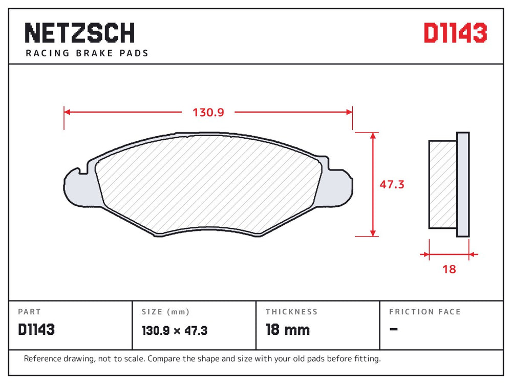 NETZSCH D1143 brake pad drawing, 18 mm thick