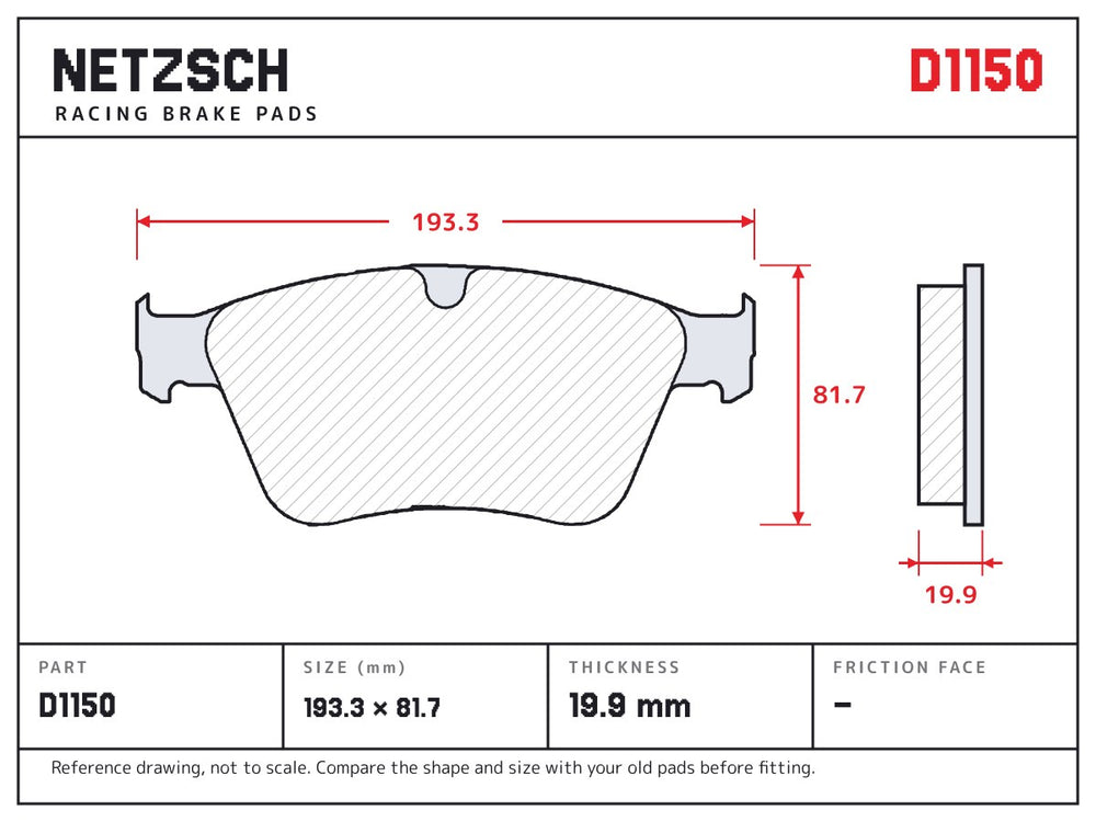 NETZSCH D1150 brake pad drawing, 19.9 mm thick
