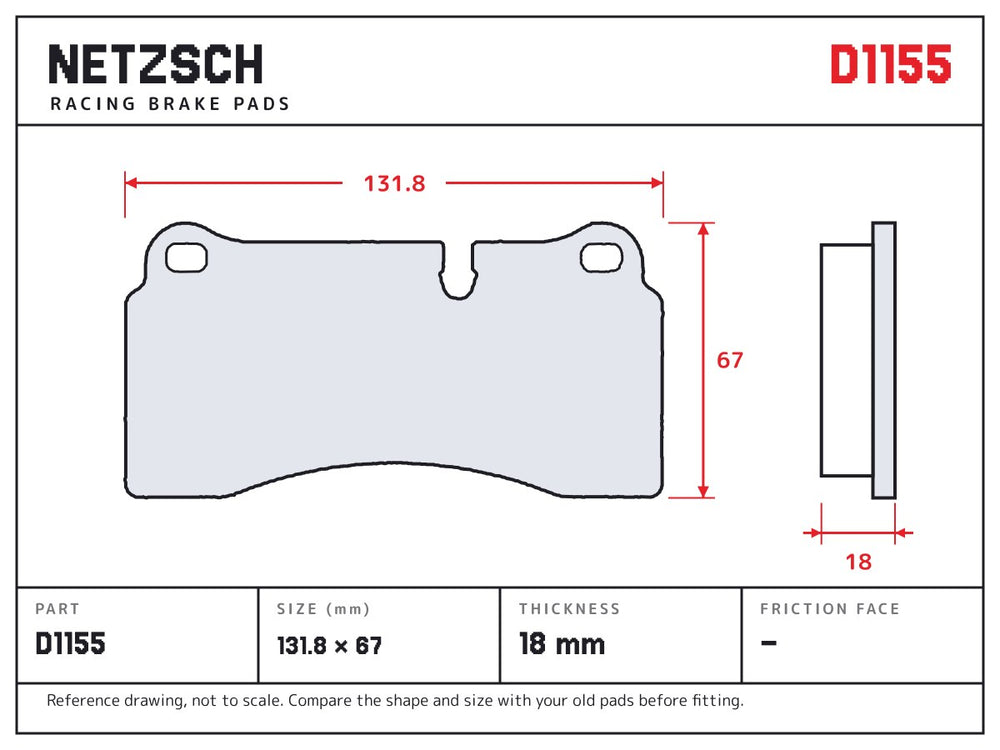 NETZSCH D1155 brake pad drawing, 18 mm thick