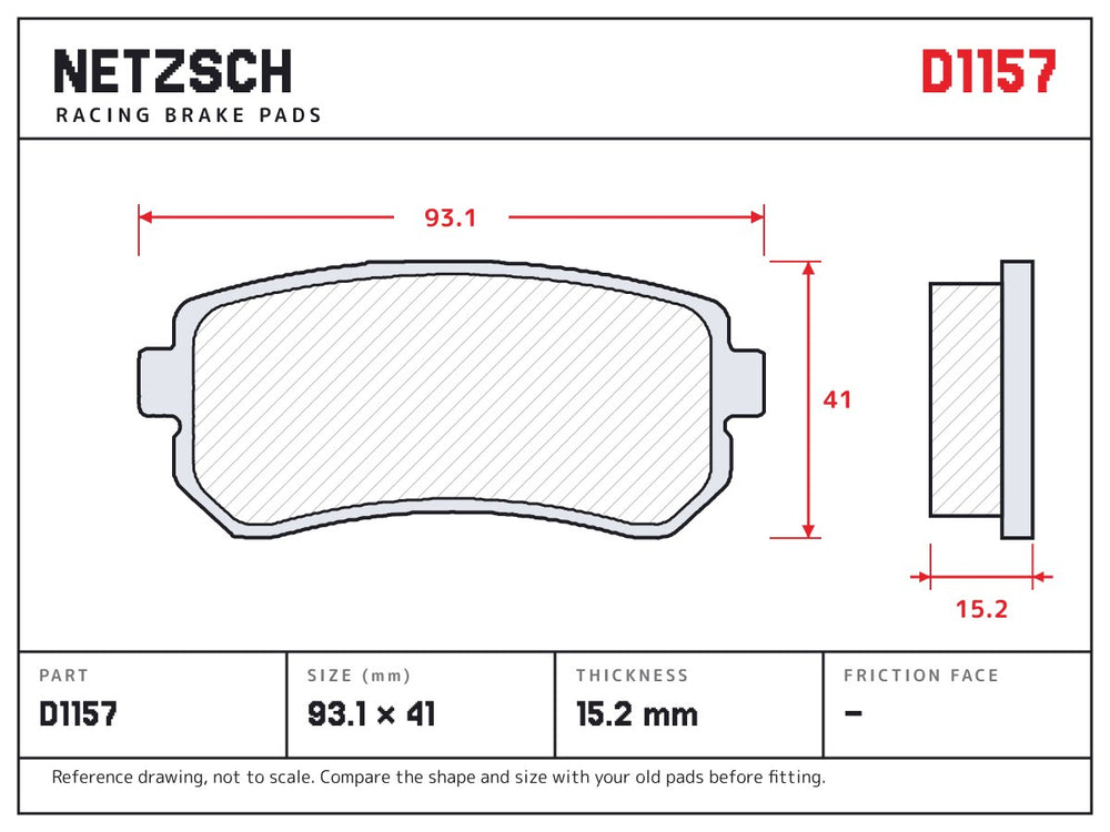 NETZSCH D1157 brake pad drawing, 15.2 mm thick