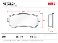 NETZSCH D1157 brake pad drawing, 15.2 mm thick