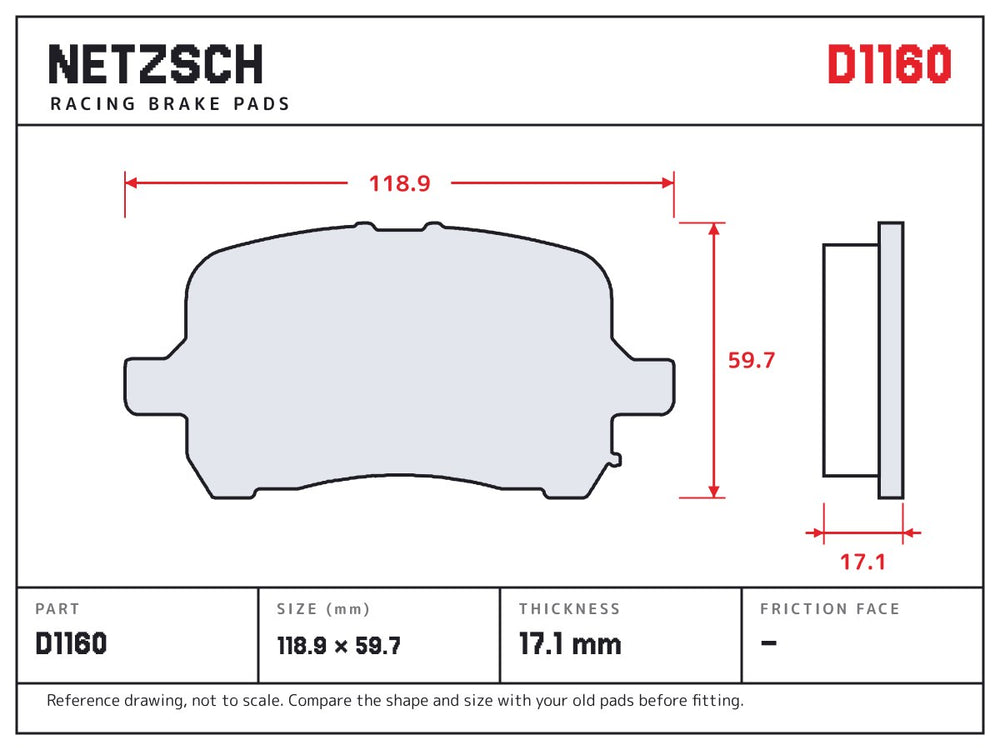 NETZSCH D1160 brake pad drawing, 17.1 mm thick